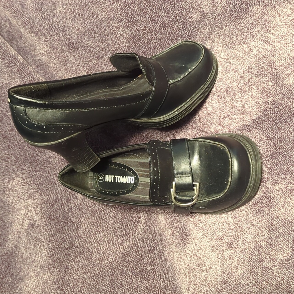 Black round toe loafer style pumps with buckle
